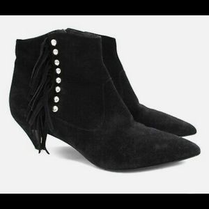 Saint Laurent Cat 50 Suede Ankle Bootie Studded Fringe Trim Kitten Heel 37.5 YSL